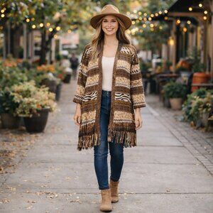 Aztec Duster Long Cardigan With Fringe Detail